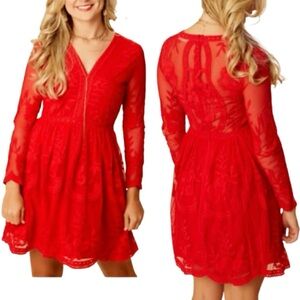 Altar'd State Whimsical Red Lace Dress NWOT Sleeves Sheer Back Short Size Small
